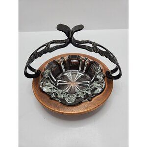 Vintage Reims France Ashtray Glass Clear With Decorative Copper Holder